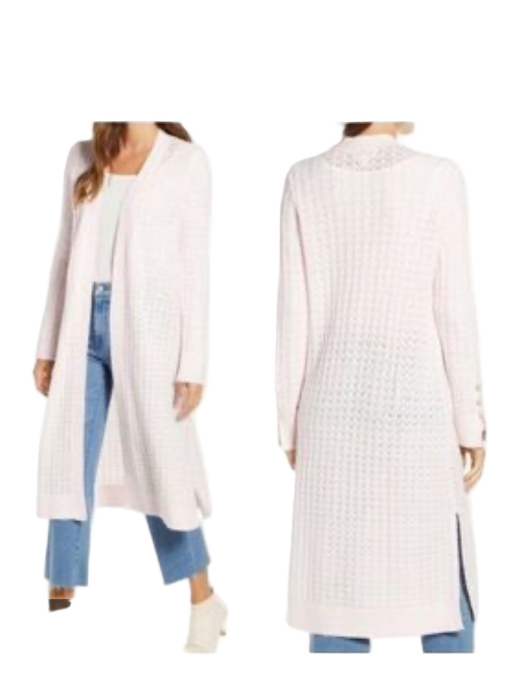 Rachel Parcell Pale Pink Open-Front Long Cardigan with Pearl Cuff Detail